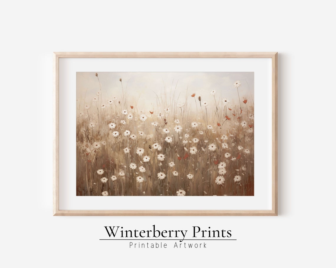 White Daisy Wildflower Meadow Neutral Soft Painterly Wall Poster
