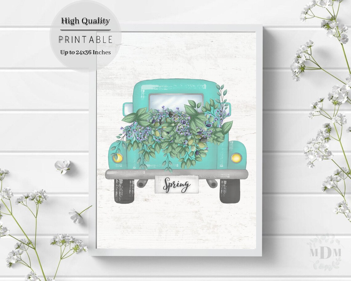 Vintage Turquoise Truck Front Spring Flowers Greenery Farmhouse Art Poster - Image 5