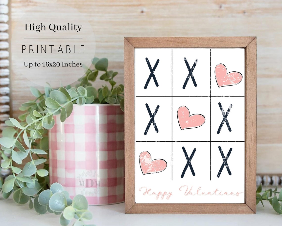 Happy Valentines Tic Tac Toe XO Heart Game Rustic Framed Wall Poster