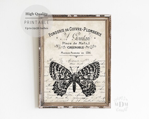 Butterfly Vintage Print, Farmhouse Spring Decor