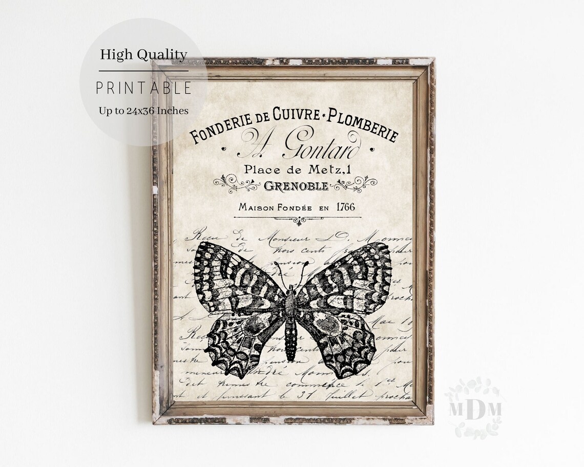Butterfly Vintage Print, Farmhouse Spring Decor