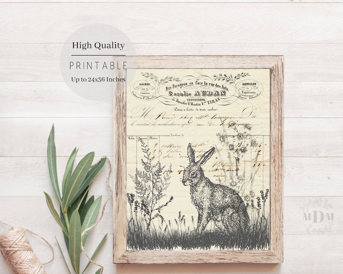 Vintage Hare in Meadow French Ephemera Script Antique Easter Wall Art Print