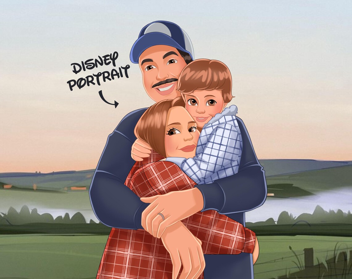 Family Hug Cartoon Animation Style Custom Portrait Illustration Poster