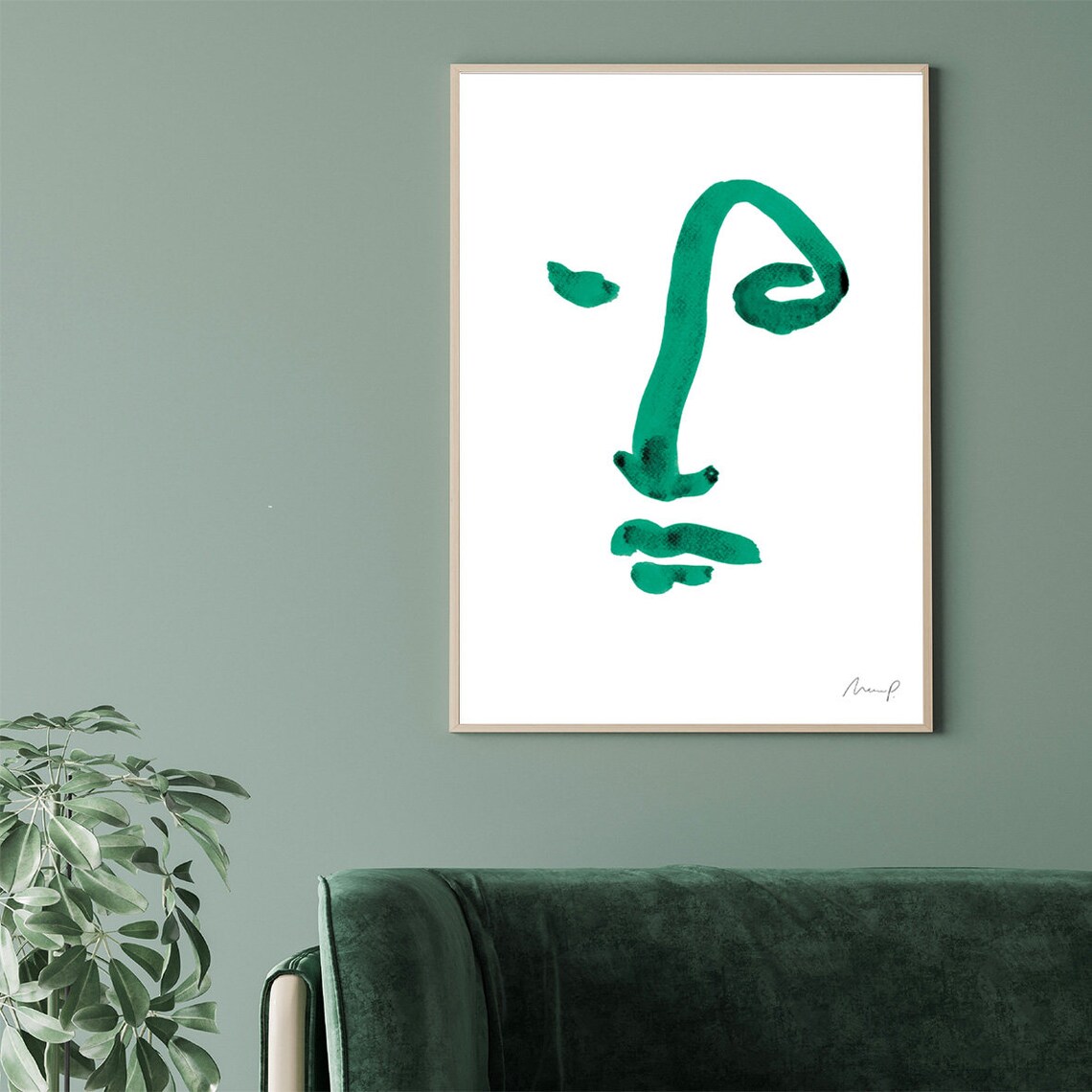 Green Brushstroke Face Six Minimalist Abstract Portrait Art Poster - Image 2