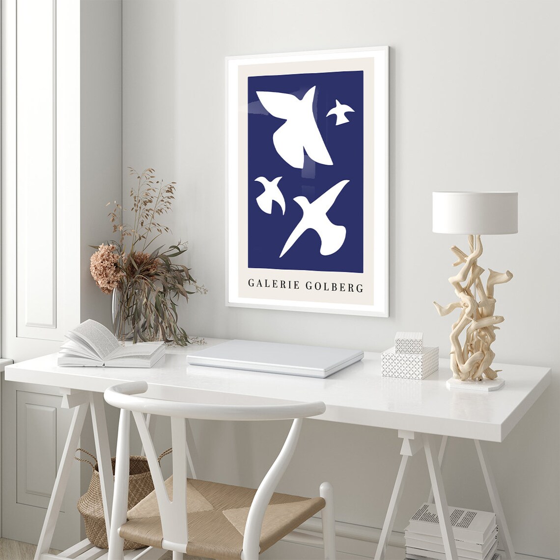 Galerie Golberg Flying White Birds Navy Blue Cut Out Art Poster - Image 2