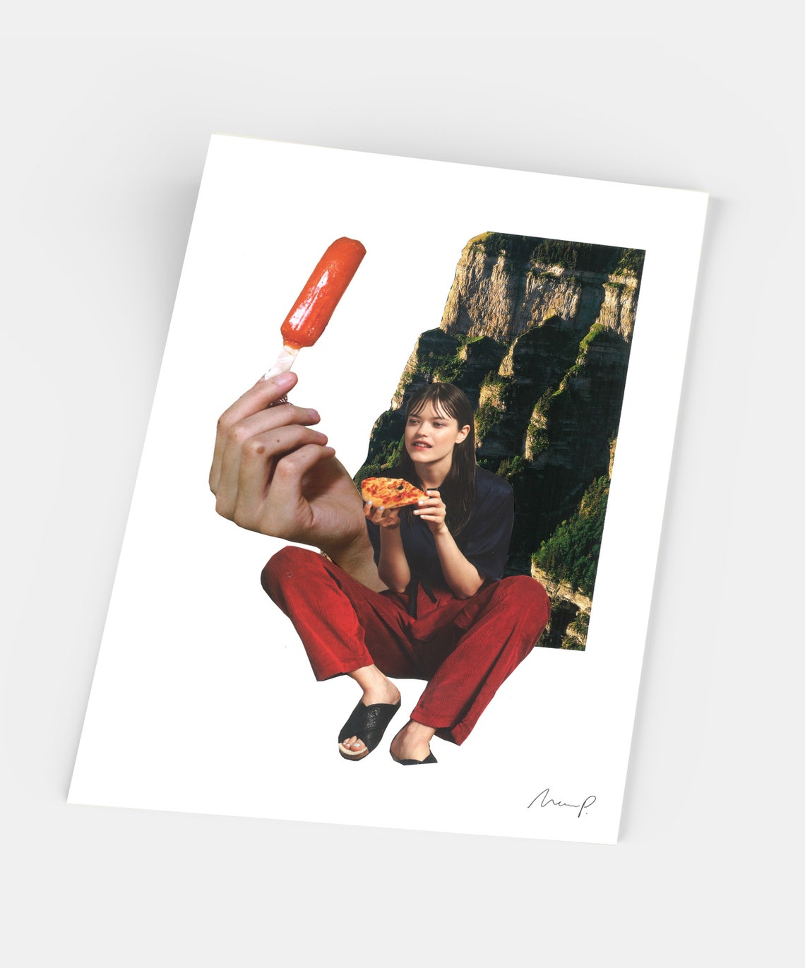 Surreal Collage Woman Eating Pizza Giant Hand Popsicle Cliff Poster - Image 5