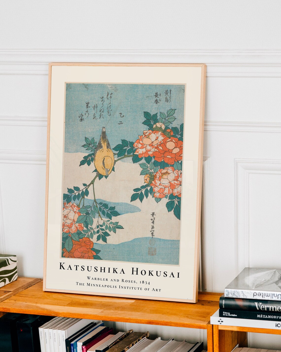 Hokusai Warbler and Roses 1834 Japanese Woodblock Floral Poster - Image 3