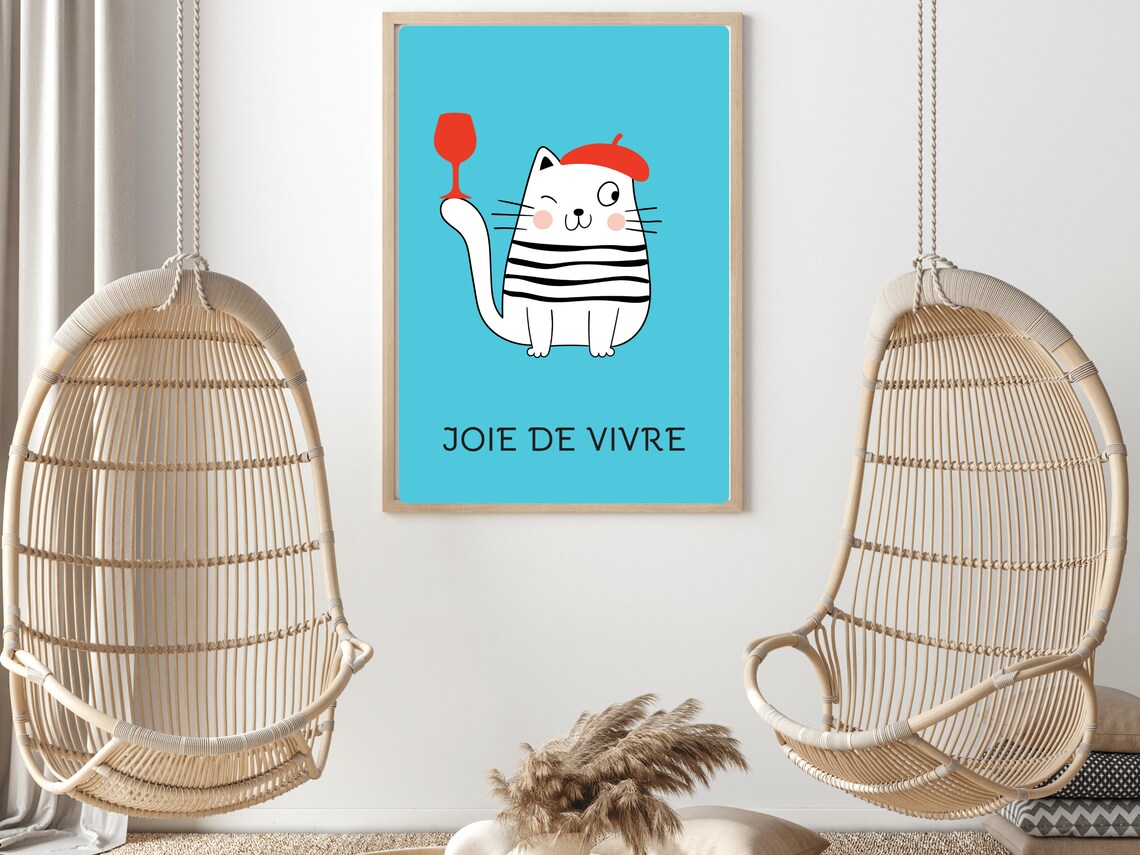 Joie De Vivre French Cat Beret Wine Glass Fun Cat Lover Poster - Image 2