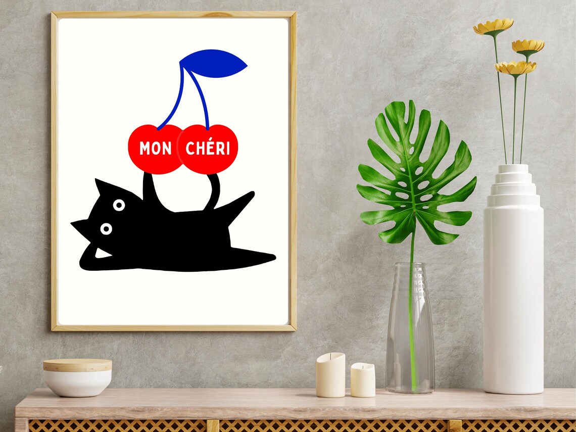 Mon Cheri Black Cat Cherry Retro French Pop Art Cat Love Poster - Image 2