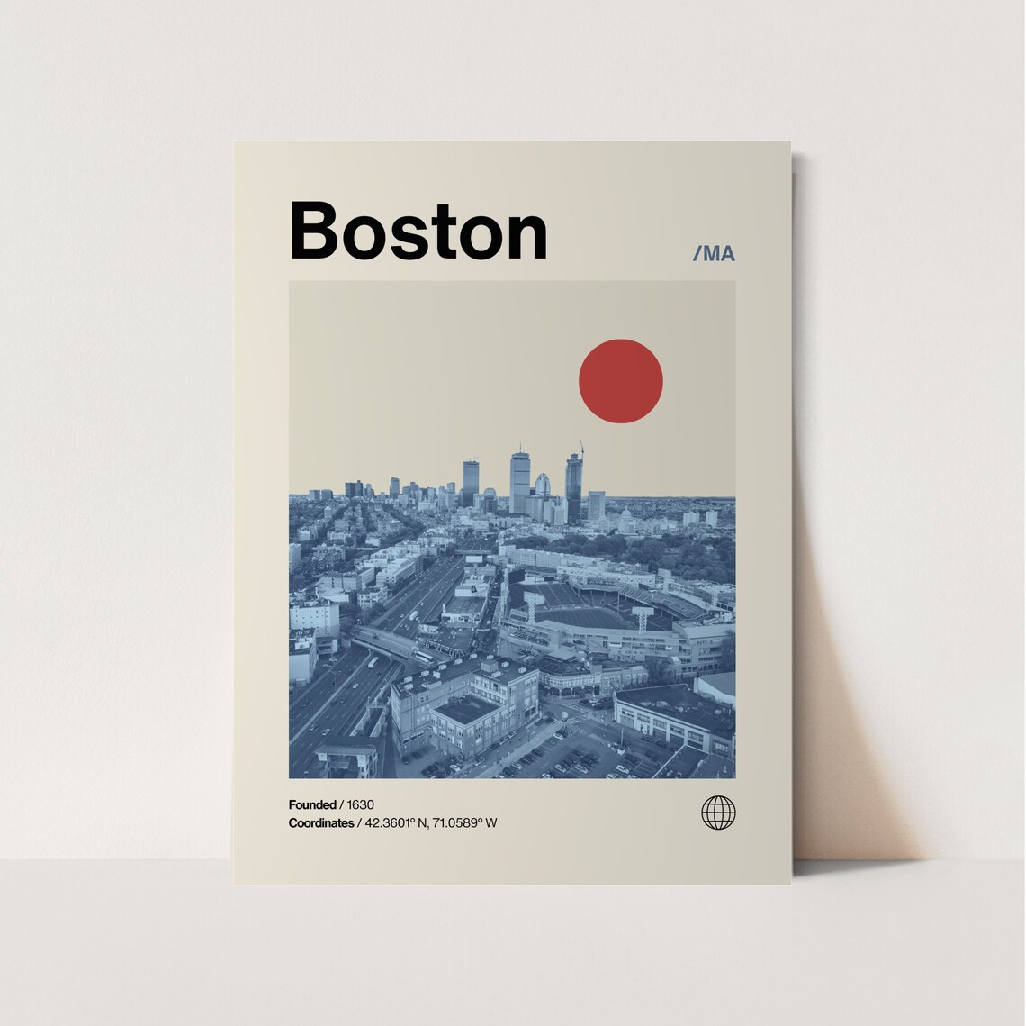 Boston Massachusetts Skyline Monochrome Blue Aerial Mid Century Poster
