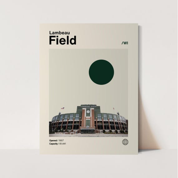 Lambeau Field Poster Packers Poster Minimalist Helvetica Mid Century Modern Football Art Football Stadium Poster