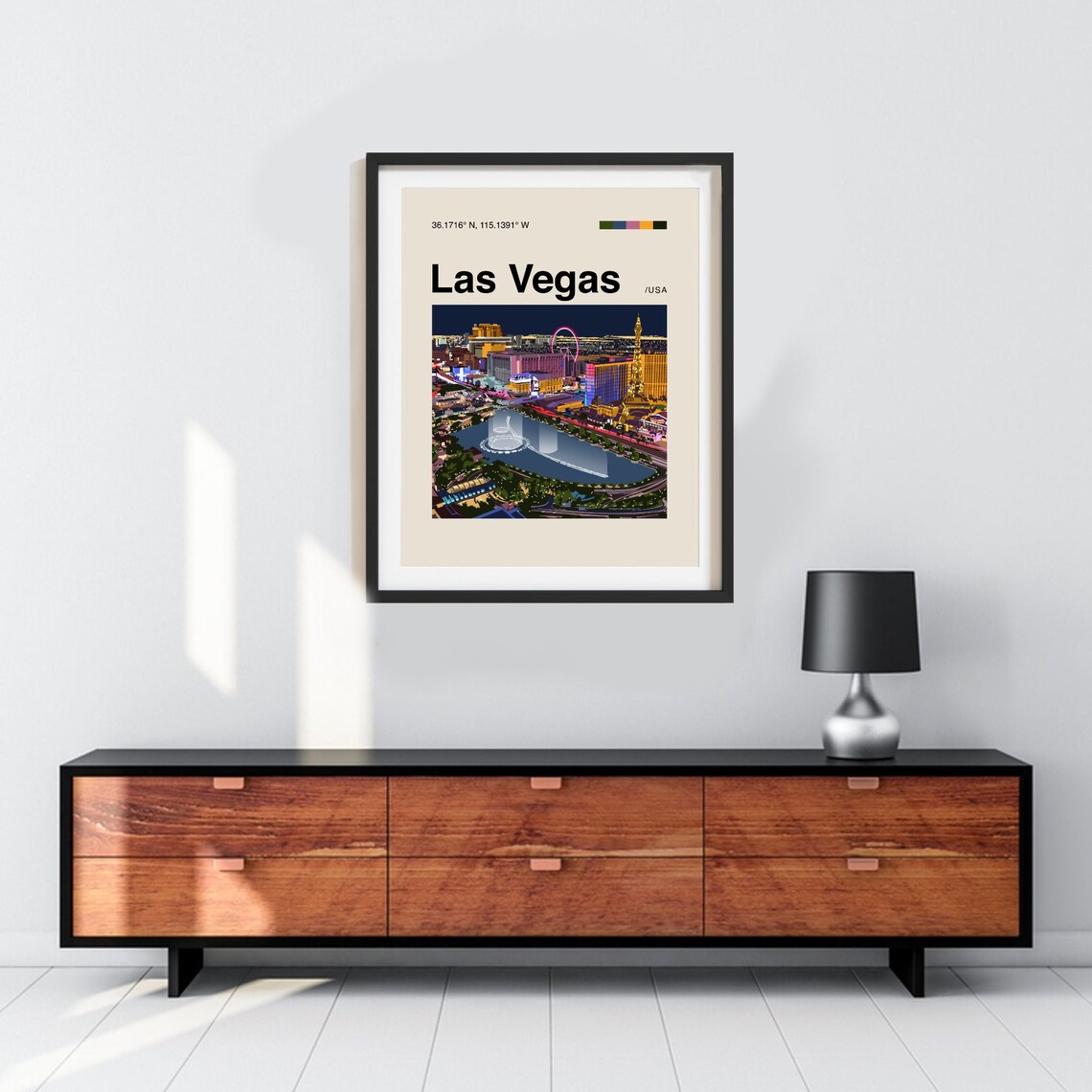 Las Vegas Strip Night Fountains Neon Helvetica Travel Poster Art - Image 3