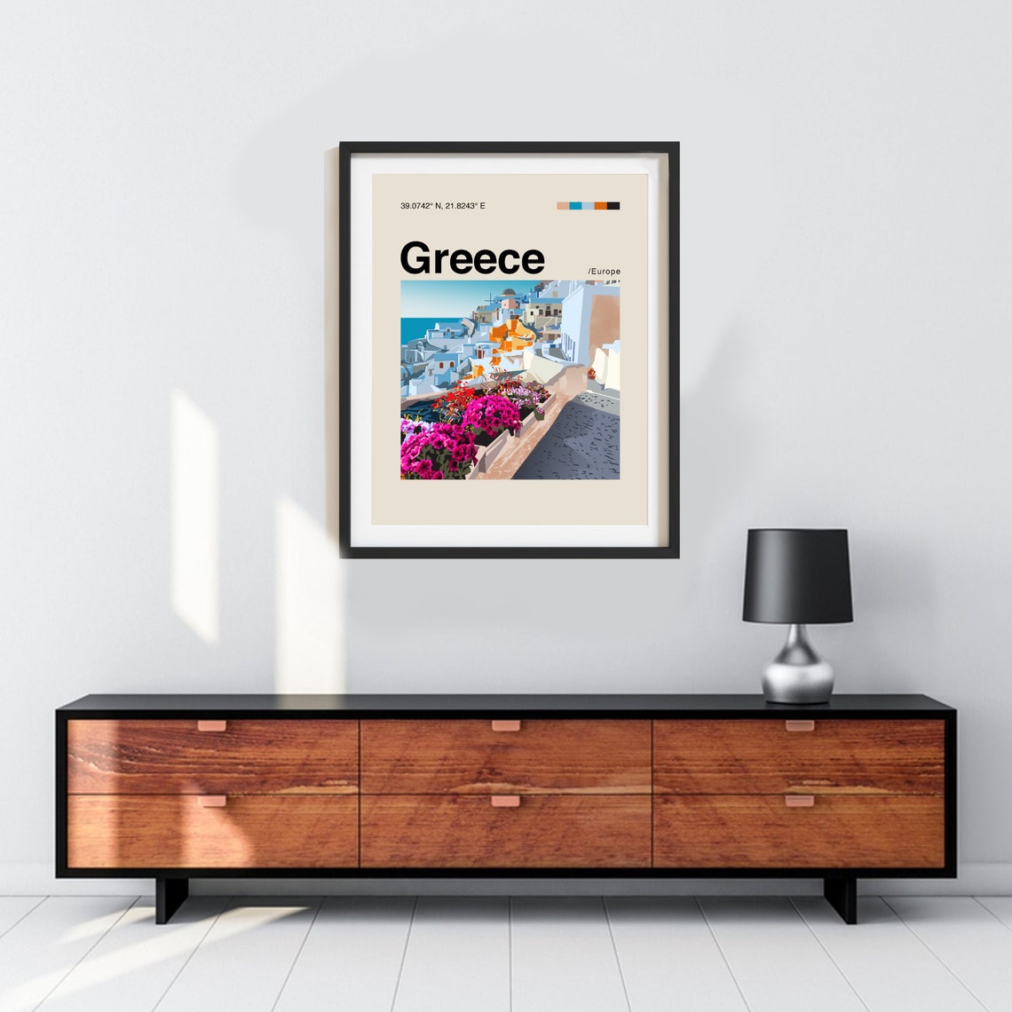 Greece Whitewashed Island Street Illustrated Minimalist Art Poster - Image 2