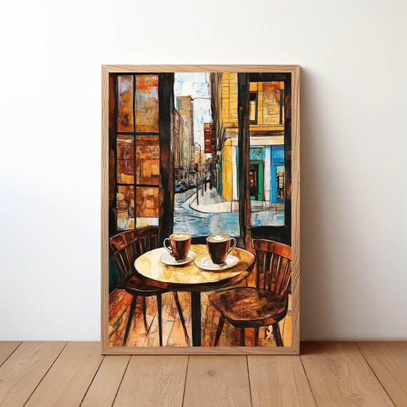 Two Coffees on Cafe Table City Street Window Watercolor Bistro Art Poster