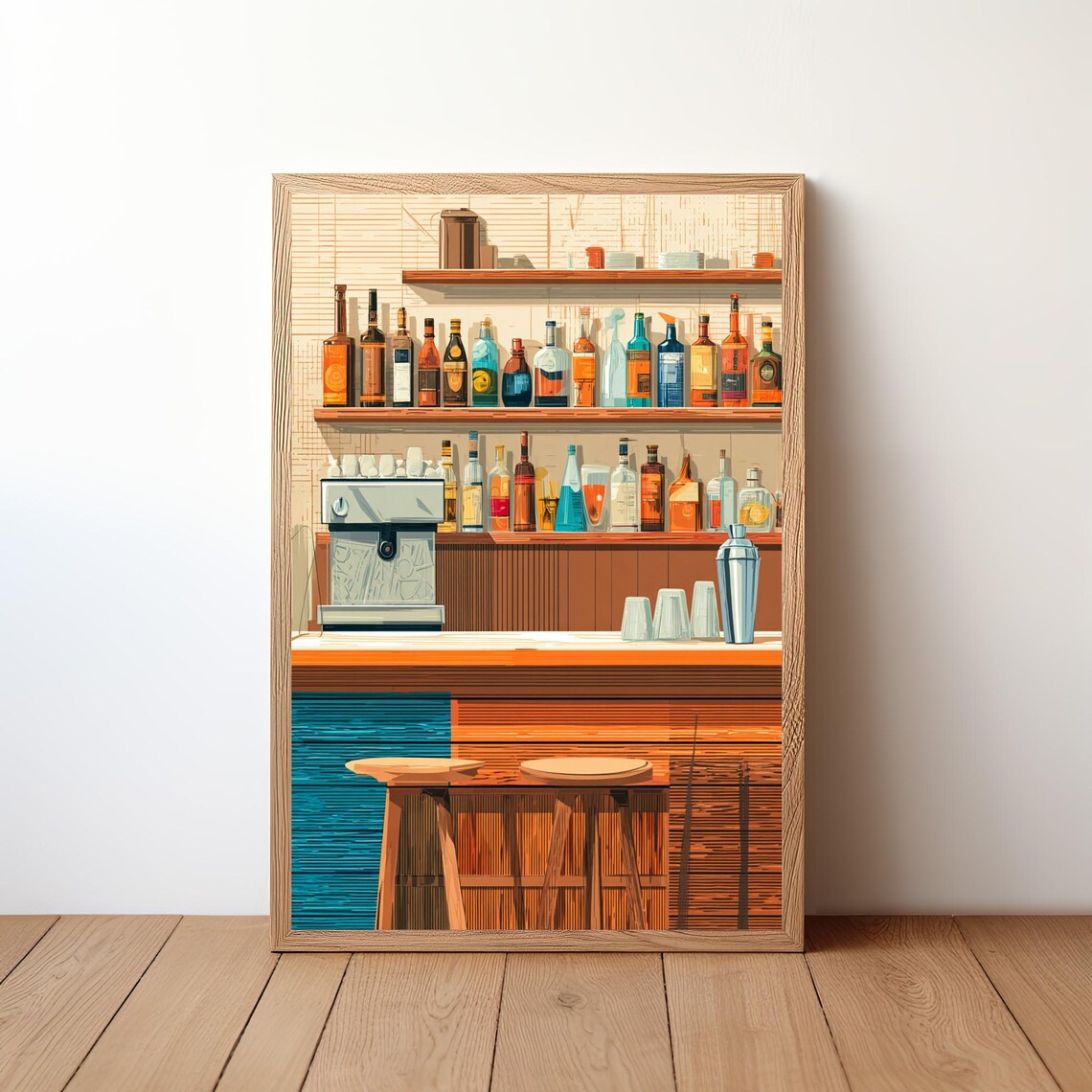 Retro Liquor Shelf Bar Counter Flat Vector Illustration Poster
