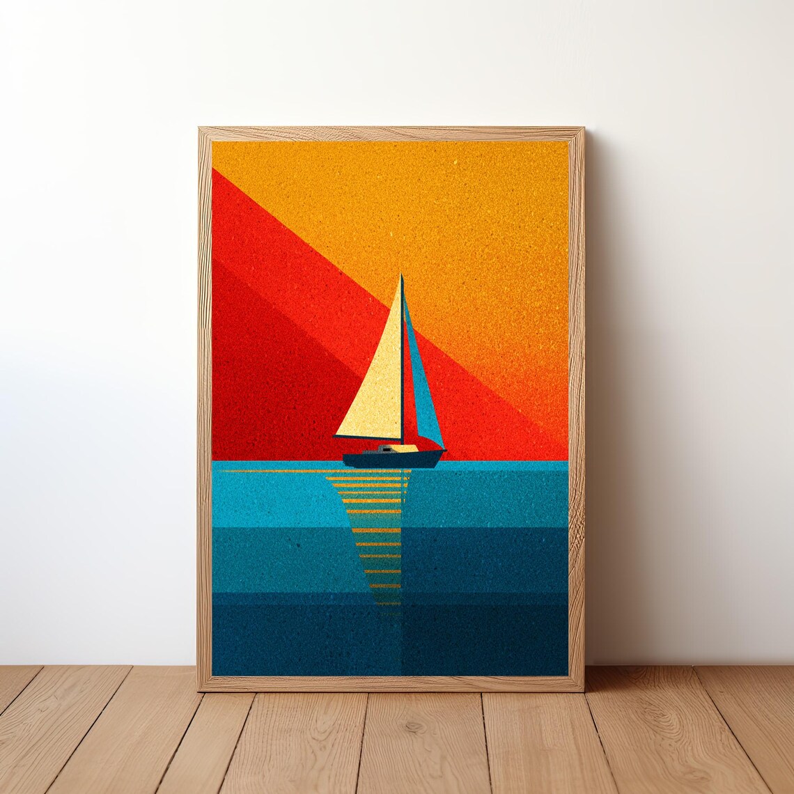 Sailboat Sunset Bold Red Orange Retro Grain Vintage Nautical Art Poster