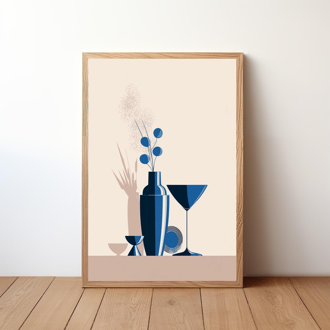 Blue Cocktail Shaker And Martini Glass Minimal Still Life Wall Art