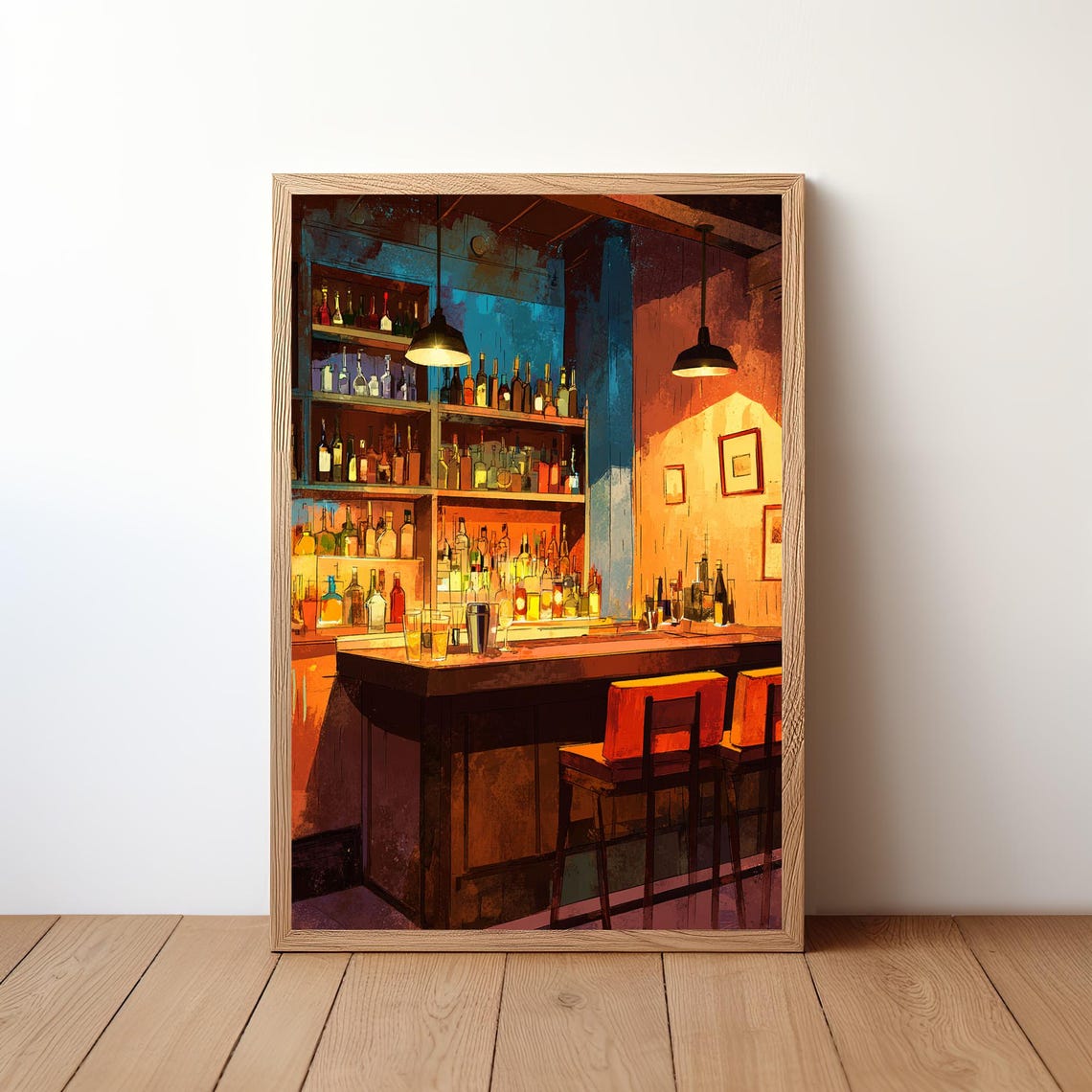 Cozy Neon Back Bar Shelves and Bar Stools Evening Art Poster