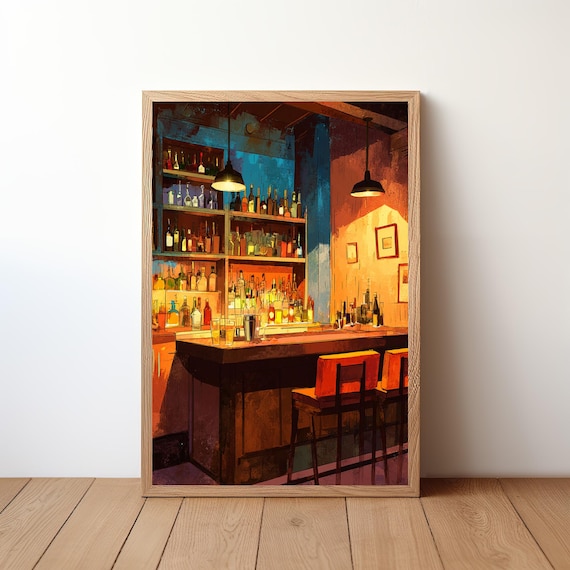 Cozy Neon Back Bar Shelves and Bar Stools Evening Art Poster