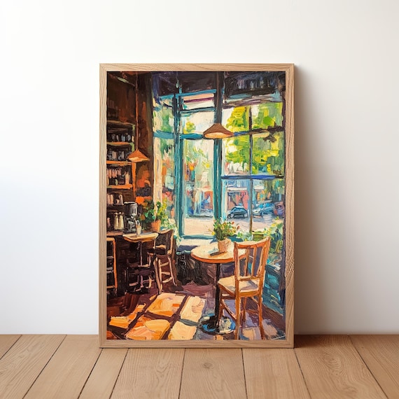 Cozy Sunlit Cafe Interior Oil Painting Window Corner Table Poster