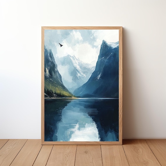 Blue Fjord Mountain Reflection Landscape Nature Painting Poster