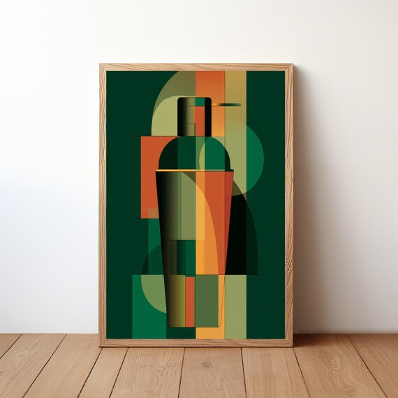 Abstract Geometric Cocktail Shaker Modernist Dark Green Orange Print