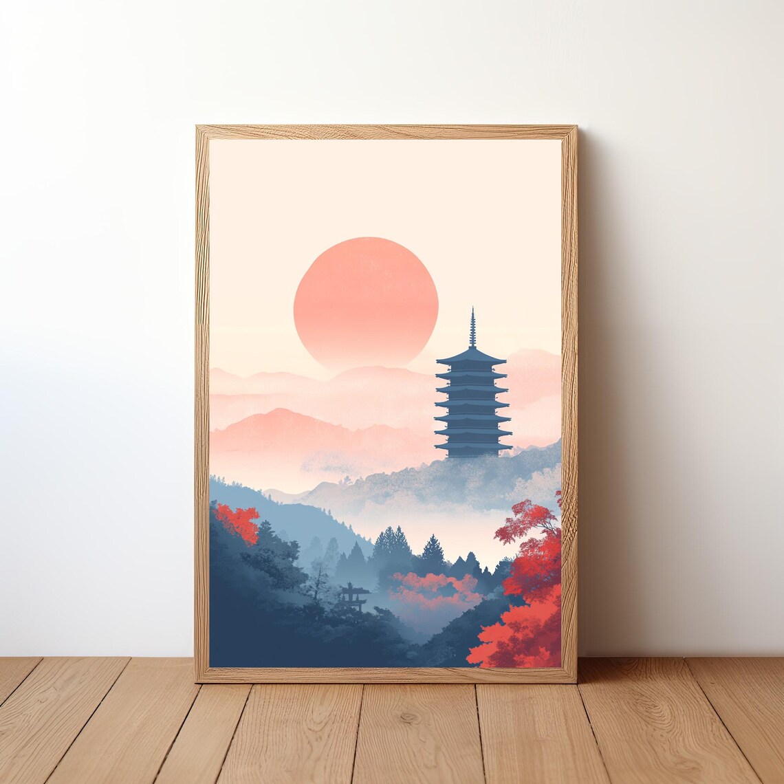 Japan Pagoda Red Sun Autumn Maple Misty Mountains Art Poster