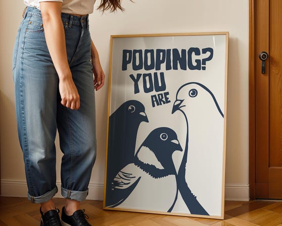 Are You Pooping Art Print Funny Bathroom Wall Blue Toilet Fun Quote Birds Minimalist Pigeon Poster