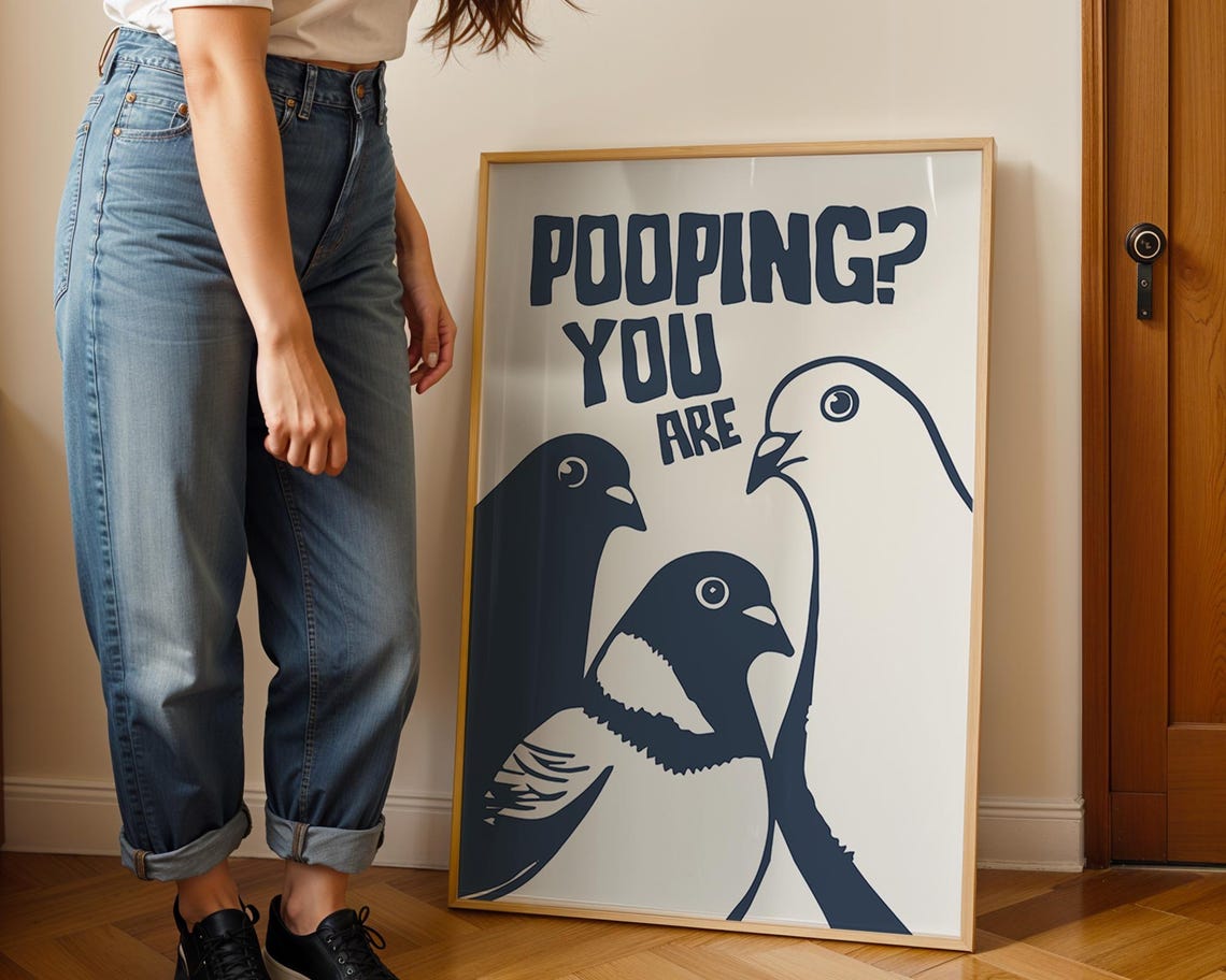Cheeky Birds Blue Line Art Funny Bathroom Poster With Pooping Quote