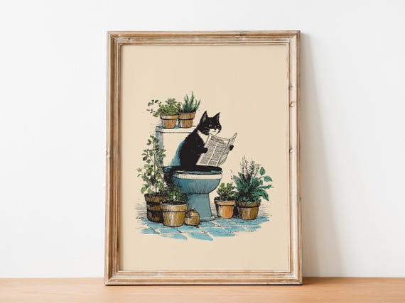 Funny Black Cat Bathroom Wall Art Toilet Humor Poster Cute Lover Gift Guest Decor