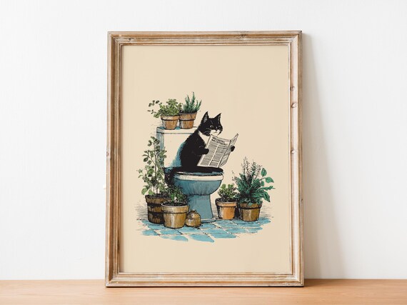 Funny Black Cat On Toilet Reading Newspaper Bathroom Humor Poster