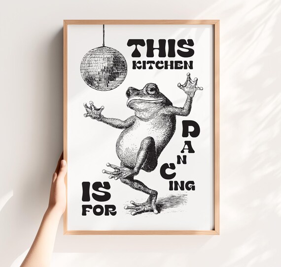 This Kitchen Is For Dancing Frog Disco Ball Retro Fun Cooking Poster