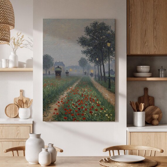 Red Poppy Field Path Winding Past Vintage Lampposts Impressionist Meadow Poster