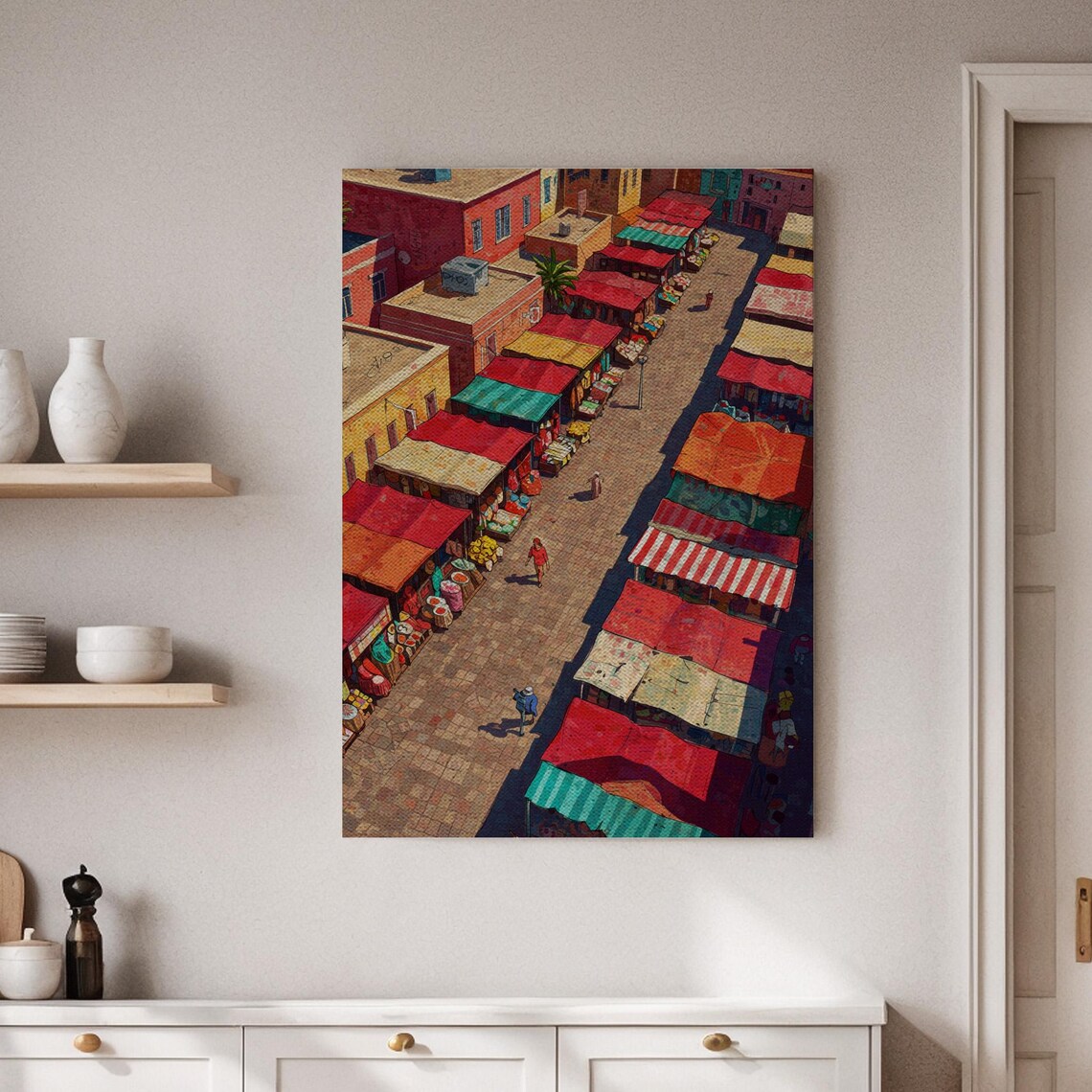 Aerial Market Street Colorful Stalls Vibrant Painting Poster