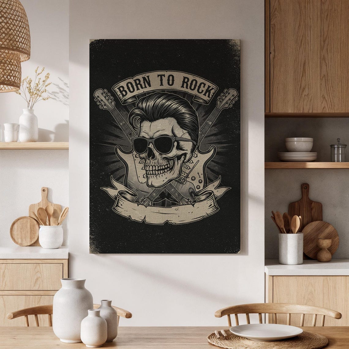 Framed Born To Rock Canvas Print Skull With Guitars Art Retro And Roll Decor Music Wall For Living Room Office Or Studio