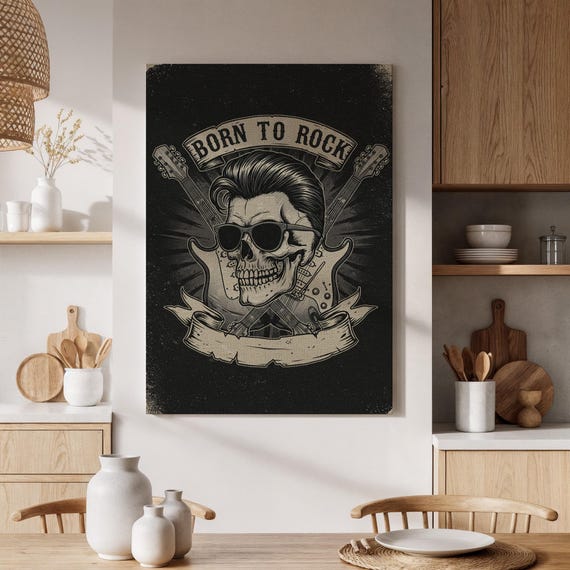 Framed Born To Rock Canvas Print Skull With Guitars Art Retro And Roll Decor Music Wall For Living Room Office Or Studio