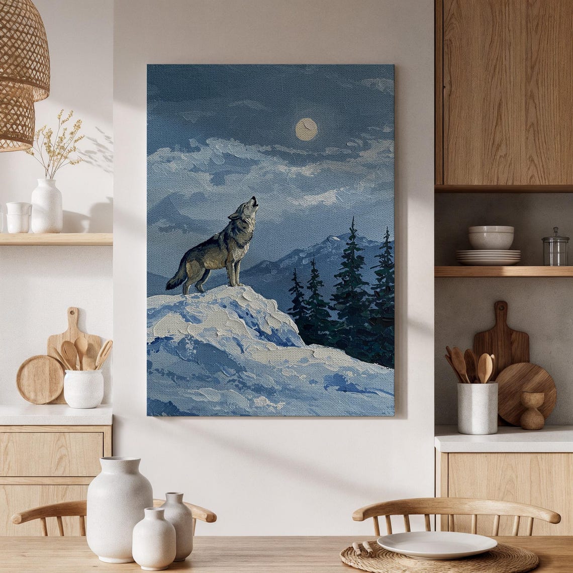 Wolf Howling At Full Moon On Snowy Mountain Night Wildlife Poster