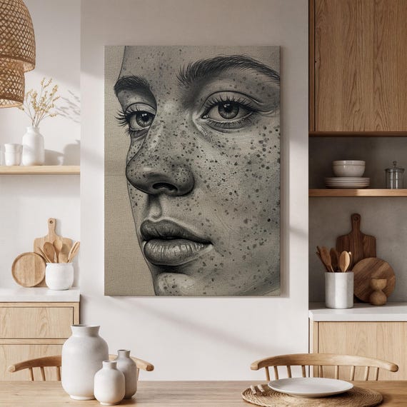 Freckled Woman Portrait Canvas Wall Art Framed Realistic Pencil Drawing Black White Face Female For Living Room Or Bedroom