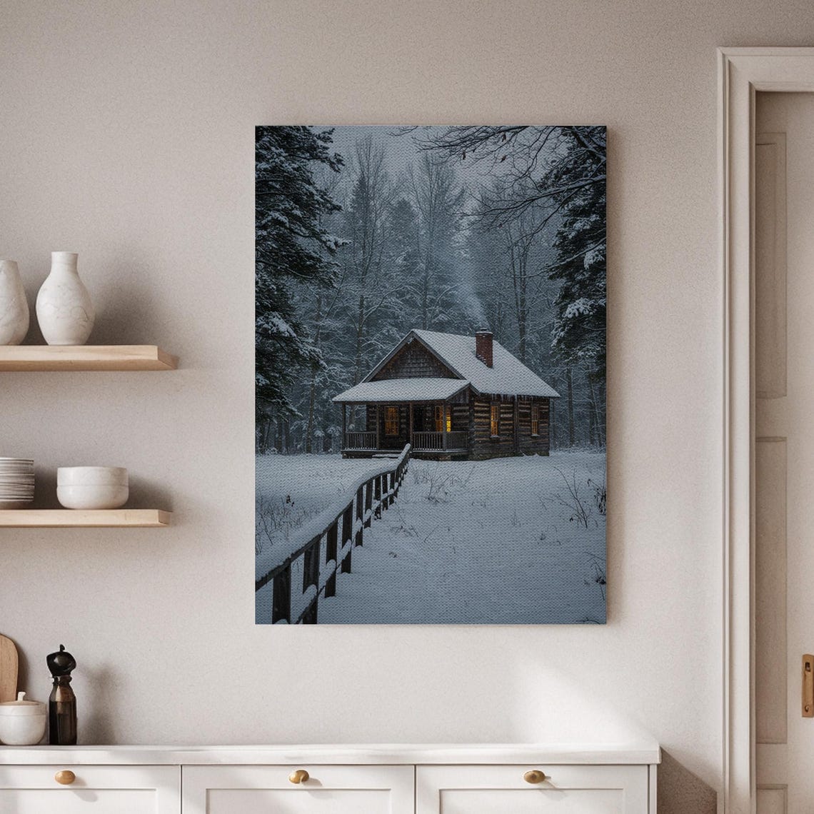 Snowy Log Cabin Winter Forest Glowing Windows Cozy Scenic Poster