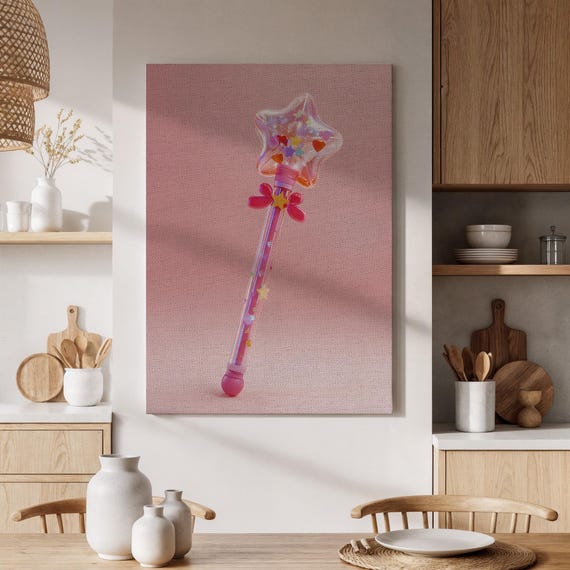 Framed Magical Star Wand Canvas Print Cute Pink And Colorful Stick Whimsical Decor For Kids Room Nursery Or Fantasy Themed Spaces