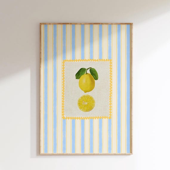 Blue Vintage Stripe Lemon Fruit Print Kitchen Wall Art Farmhouse Decor Minimalistic Retro
