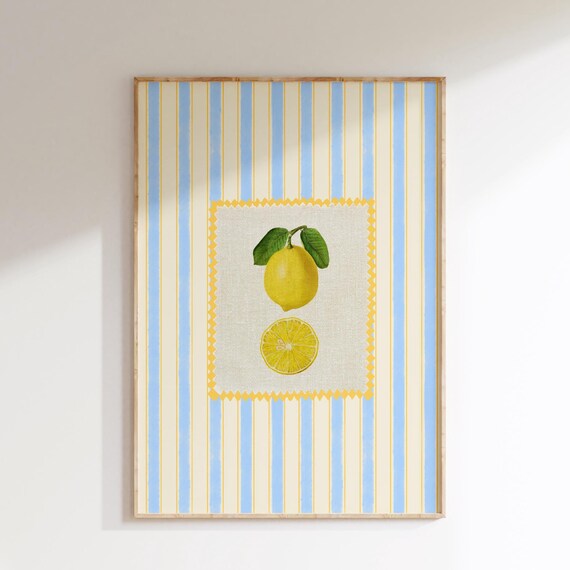 Lemon Citrus Blue Stripe Vintage Kitchen Fruit Illustration Poster