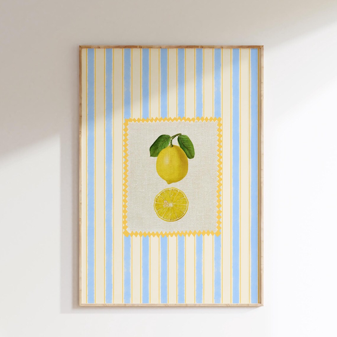 Lemon Citrus Blue Stripe Vintage Kitchen Fruit Illustration Poster