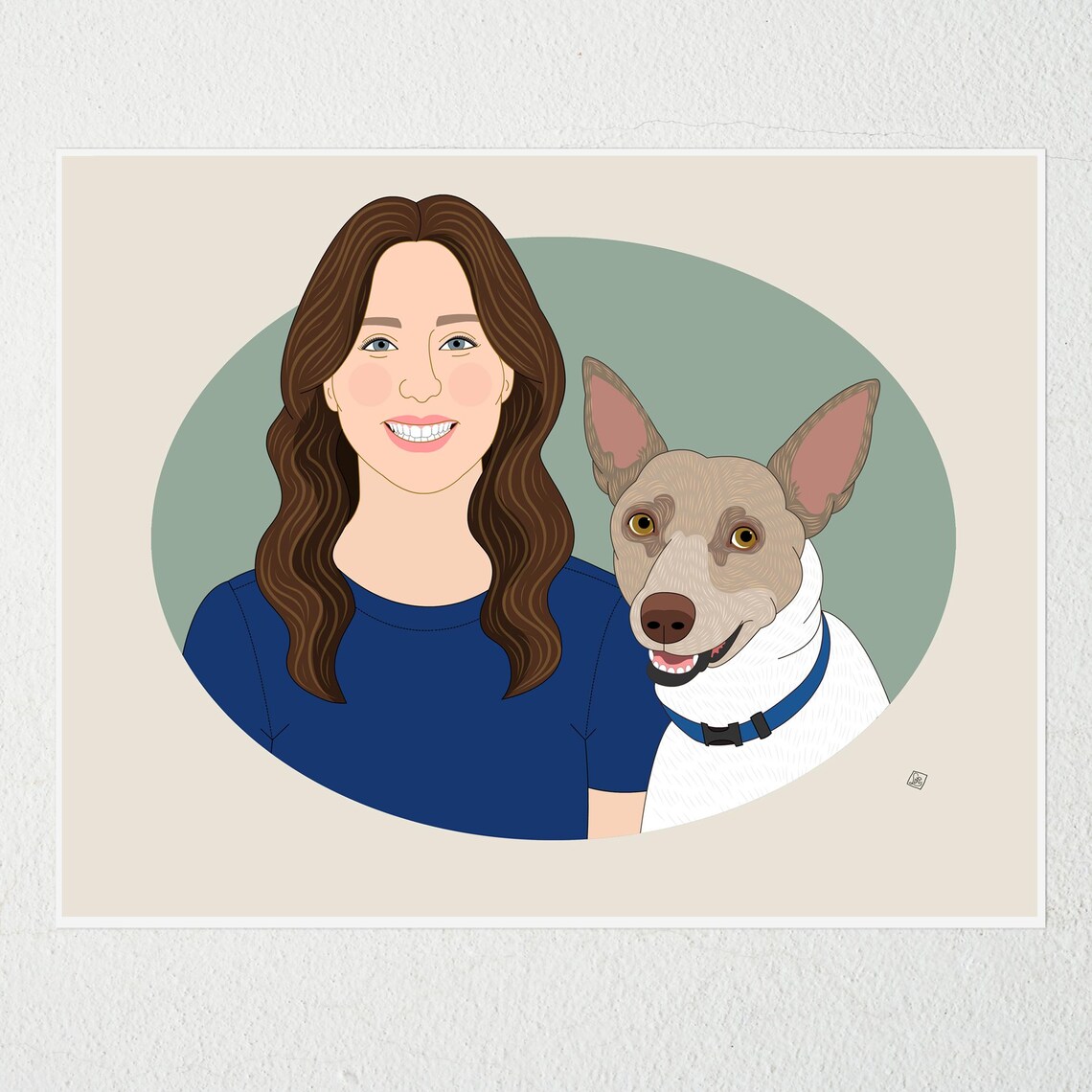 Woman With Grey and White Dog Custom Pet Portrait Illustration Poster