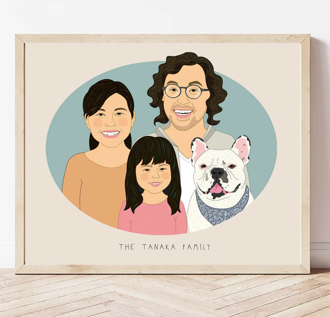 Family of Three With Tan Dog Custom Illustrated Portrait Poster - Image 2