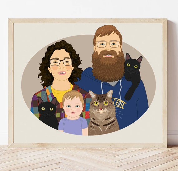 Family of Three With Three Cats Custom Illustrated Portrait Poster