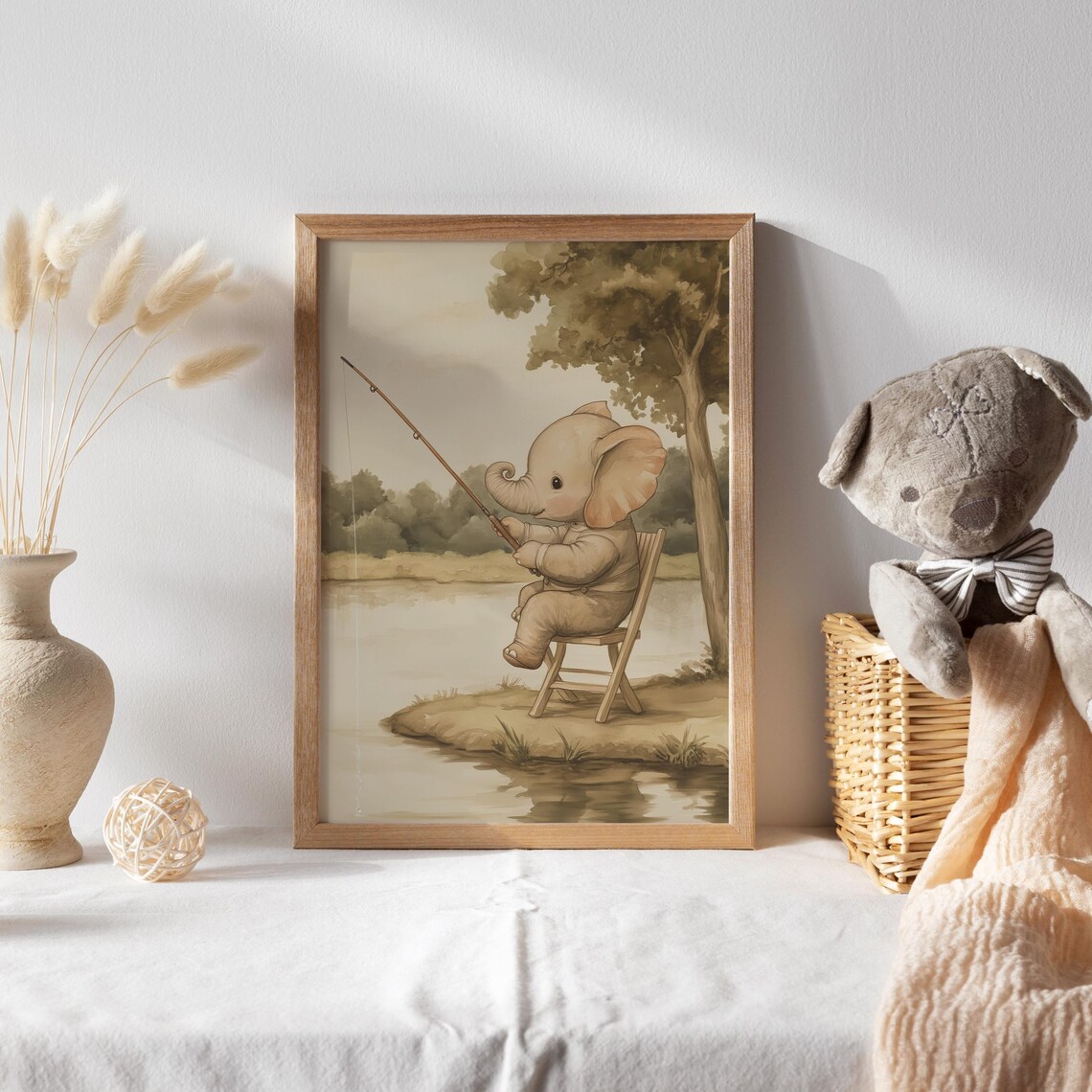 Elephant Fishing Print Nursery Decor Animal Nursery Art Gender Neutral Nursery Playroom Decor Kids Room Art Baby Room Decor - Image 2