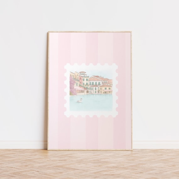 Italy Stamp Print, Coquette Pink Stripes Travel Poster