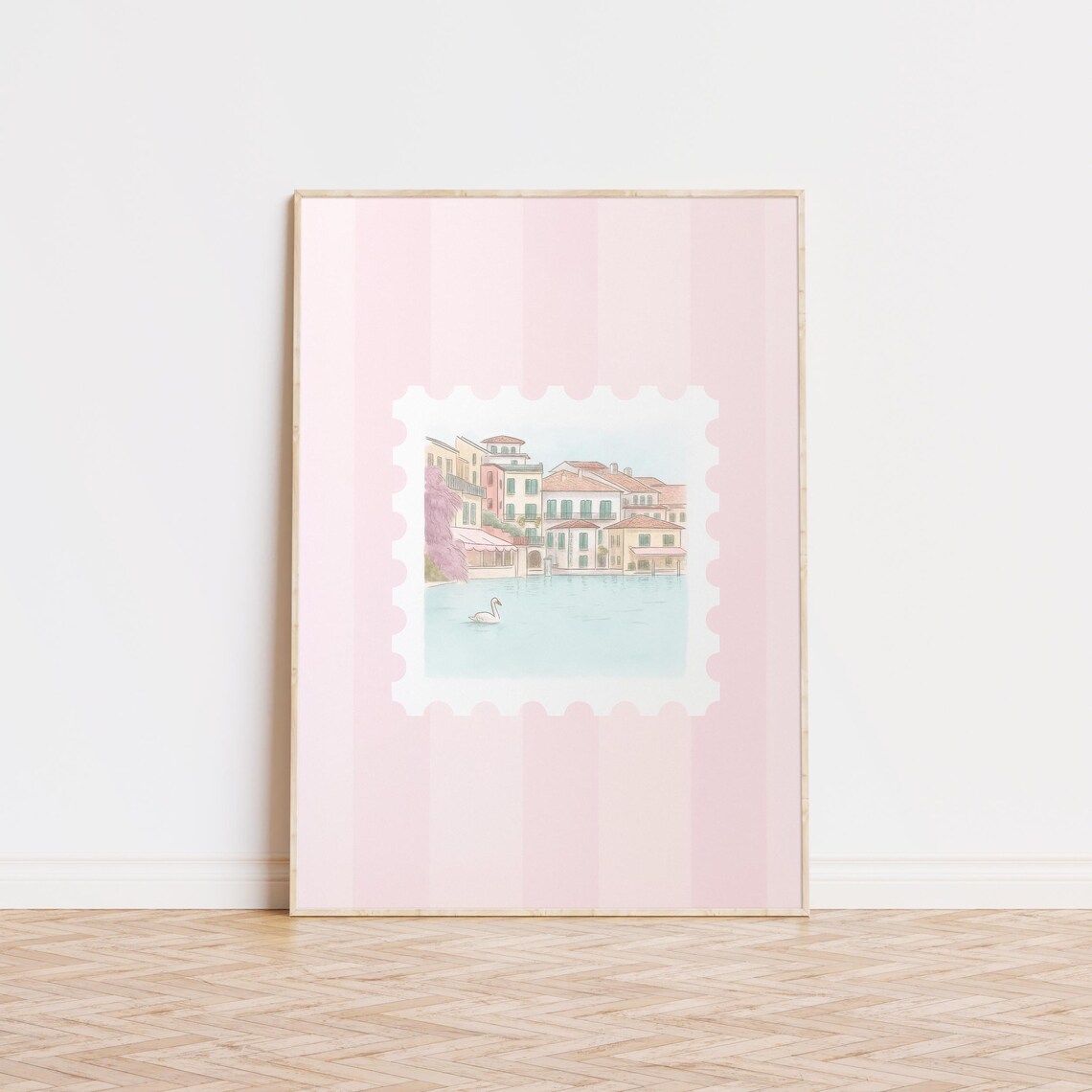 Italy Stamp Print, Coquette Pink Stripes Travel Poster