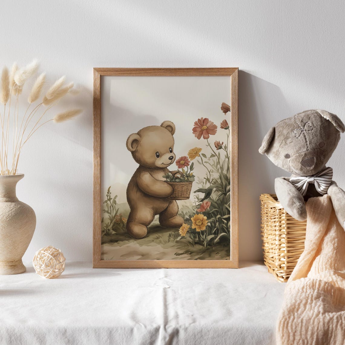 Teddy Bear Picking Flowers in a Garden Basket Nursery Poster - Image 2